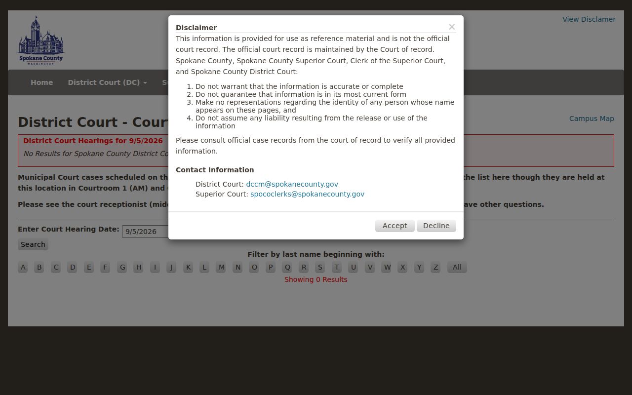 Spokane County traffic ticket District Court date lookup