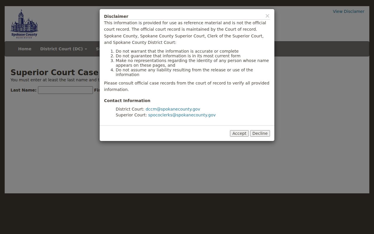 Spokane County criminal docket Superior Court name search