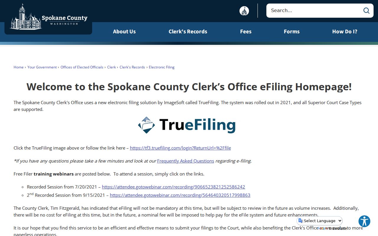 Spokane County Superior Court docket electronic filing page