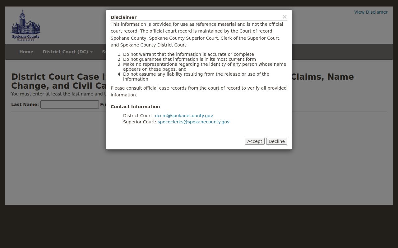 Spokane County civil docket District Court name search